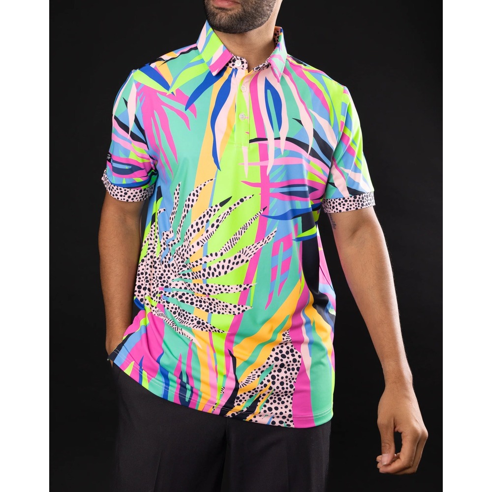 Sunday Swagger Mens 2XL Golf Polo Shirt Tropical Leopard Print Neon Multicolor